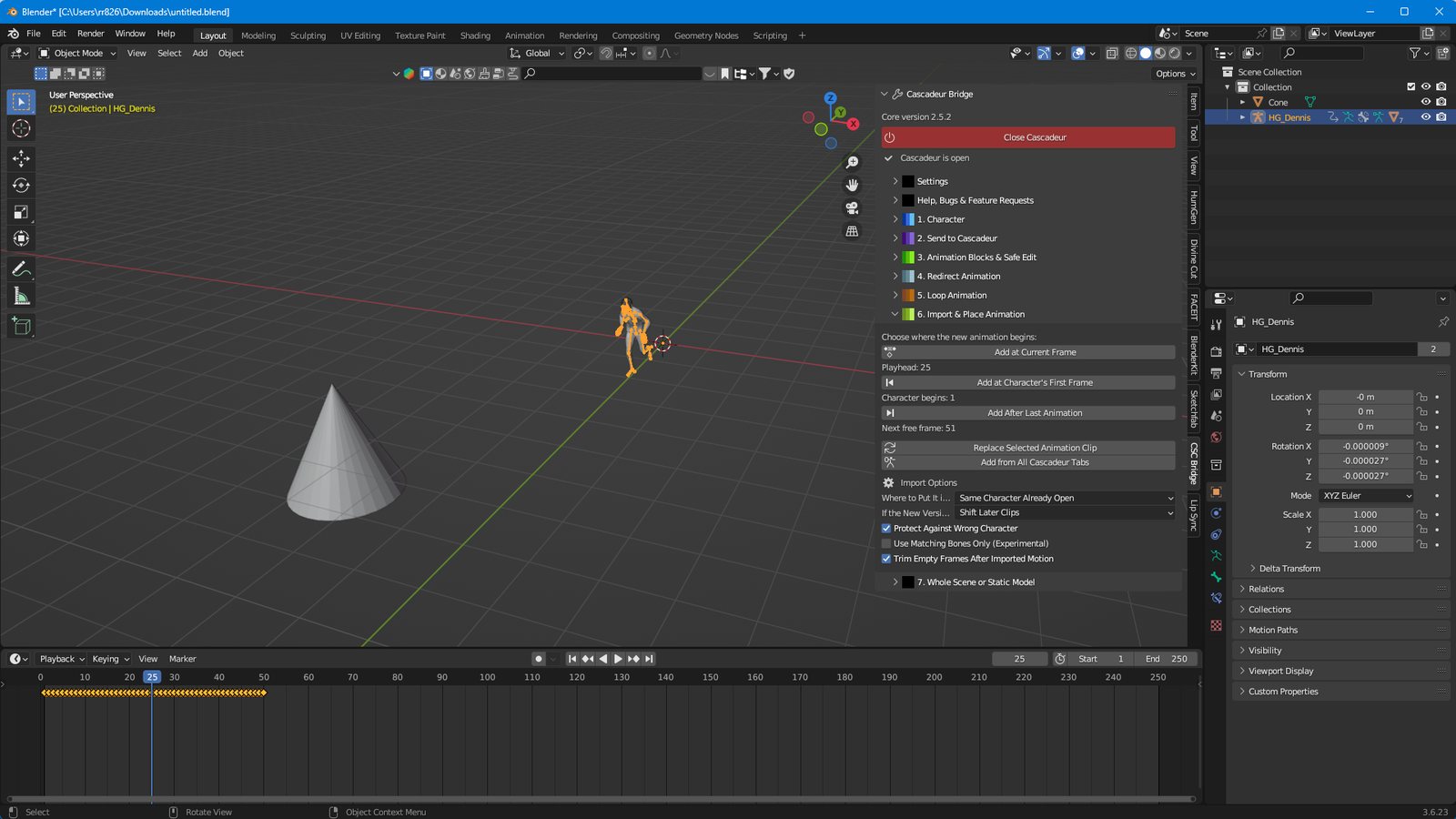 Cascadeur Bridge in Blender, showing animation transfer controls and keyframes on the timeline