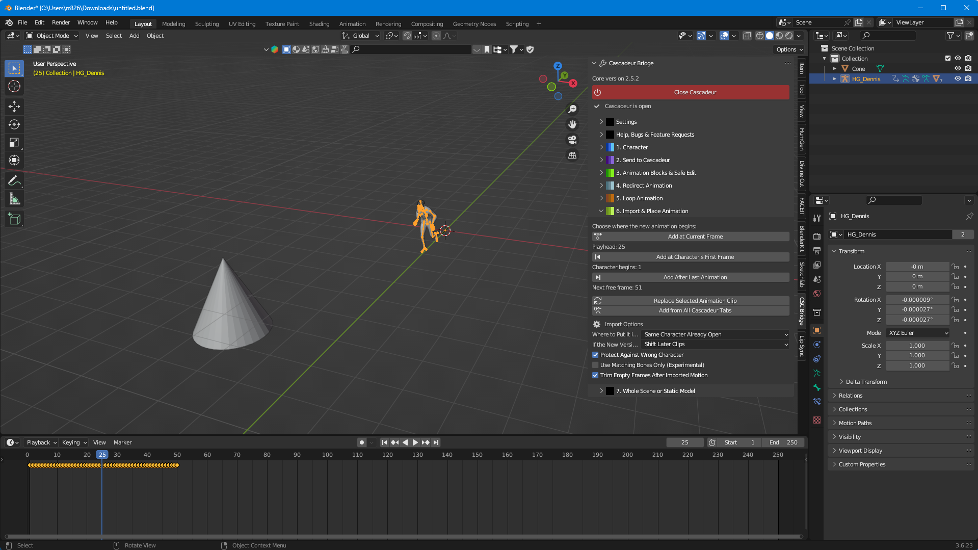 Cascadeur Bridge in Blender, showing animation transfer controls and keyframes on the timeline